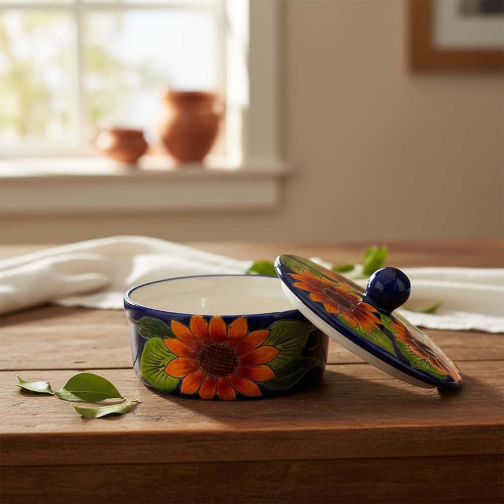 Talavera Tortilla Warmer | Handmade Sunflower Mexican Pottery Talavera Tortilla Warmer La Vie Bien Talavera Tortilla Warmer | Handmade Sunflower Mexican Pottery