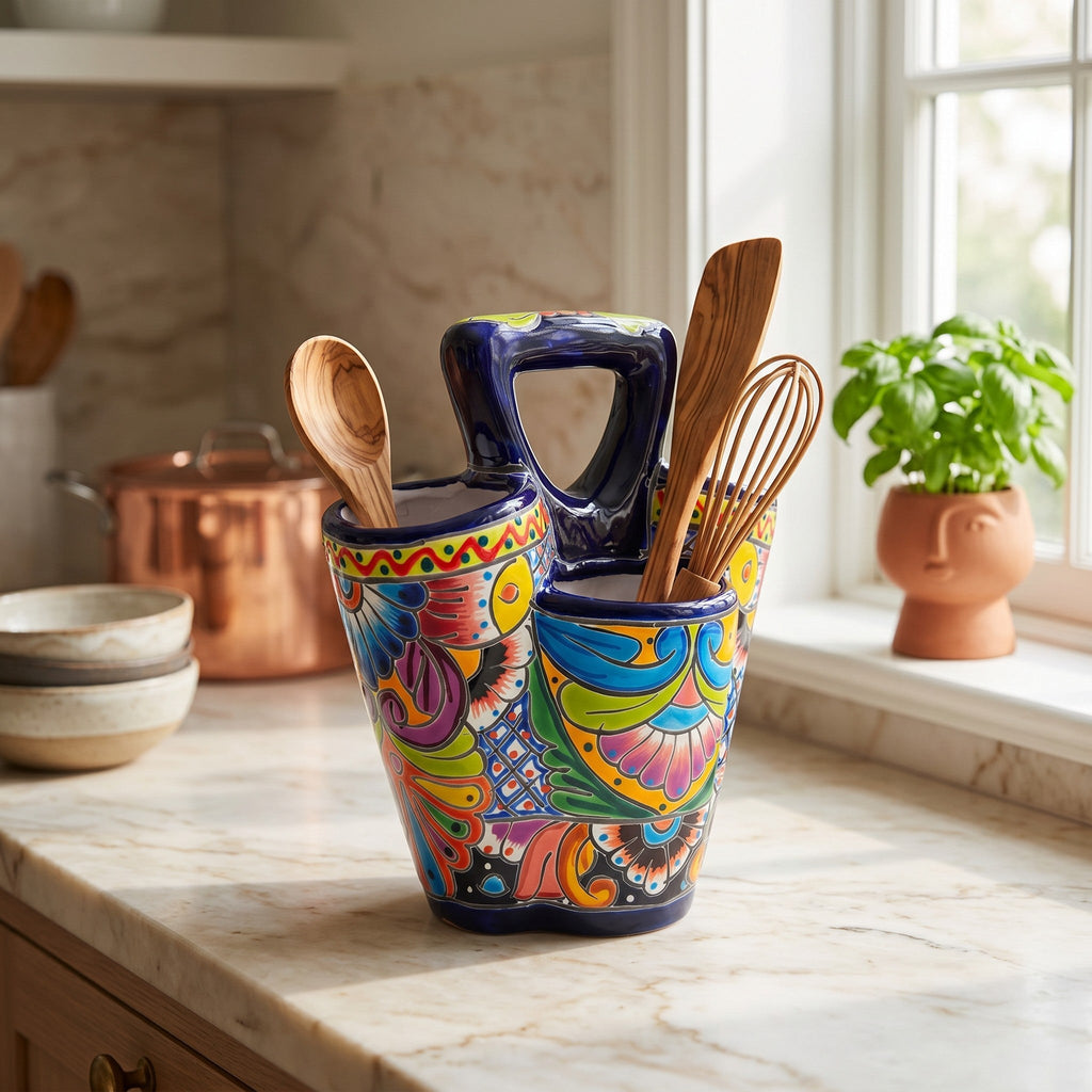 Talavera Utensil Holder | Hand-Painted Mexican Kitchen Organizer Talavera Utensil Holder La Vie Bien Talavera Utensil Holder | Hand-Painted Mexican Kitchen Organizer