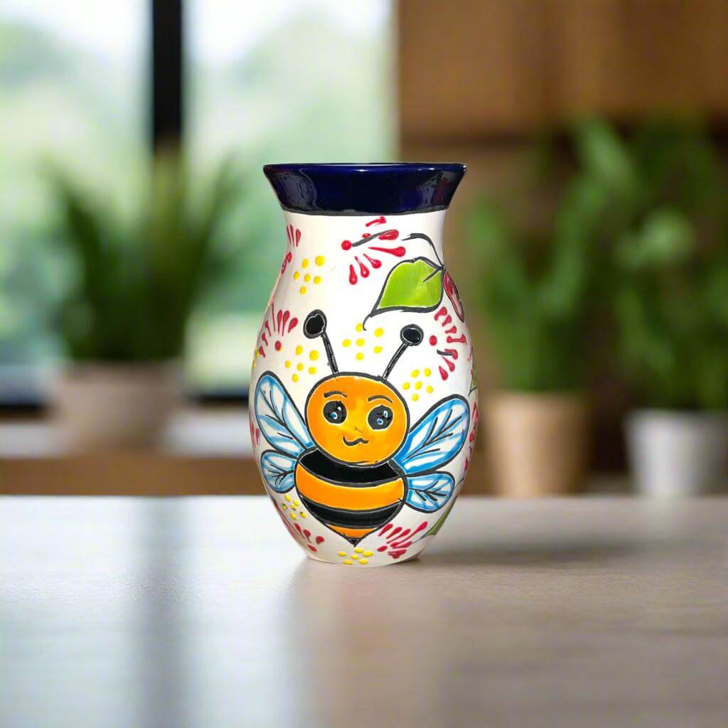 Talavera Vase with Bumble Bee Art | Hand - Painted Mexican Pottery Talavera Vase La Vie Bien Talavera Vase with Bumble Bee Art | Hand - Painted Mexican Pottery