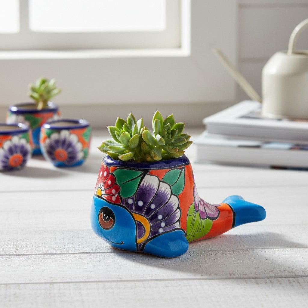 Talavera Whale Planter | Colorful Small Mexican Animal Pot Talavera Planter La Vie Bien Talavera Whale Planter | Colorful Small Mexican Animal Pot