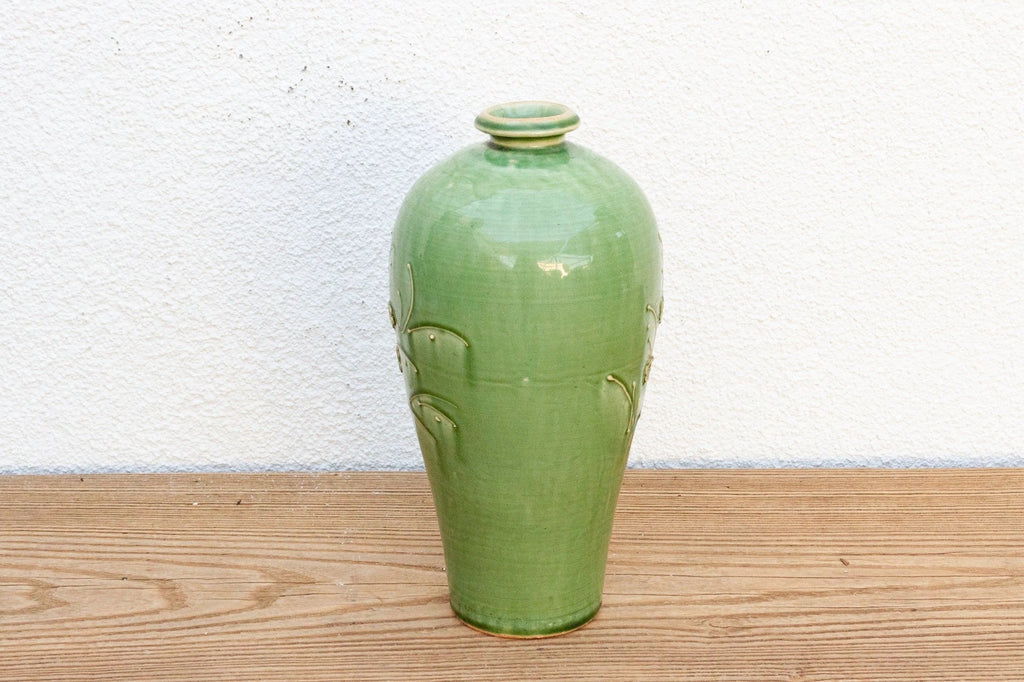 Tall Glazed Floral Engraved Vase