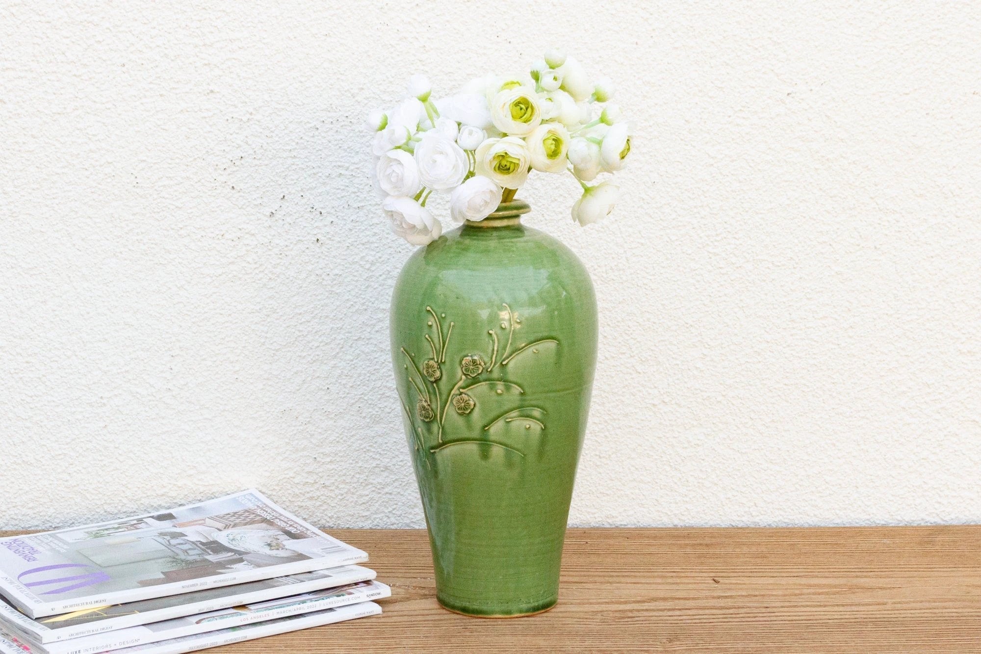 Tall Glazed Floral Engraved Vase