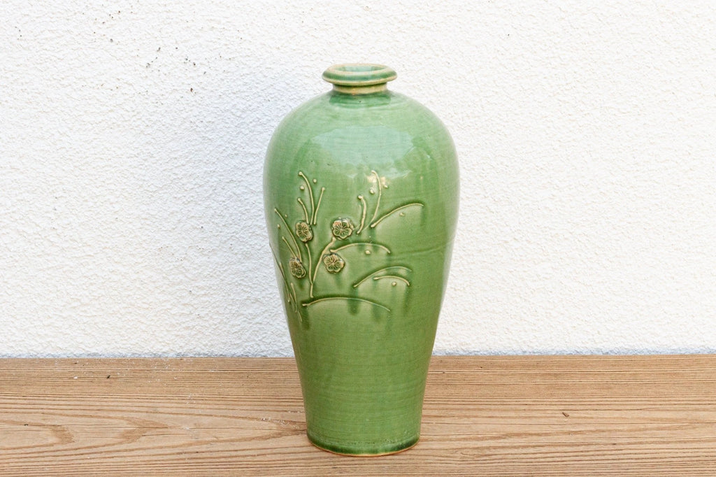 Tall Glazed Floral Engraved Vase