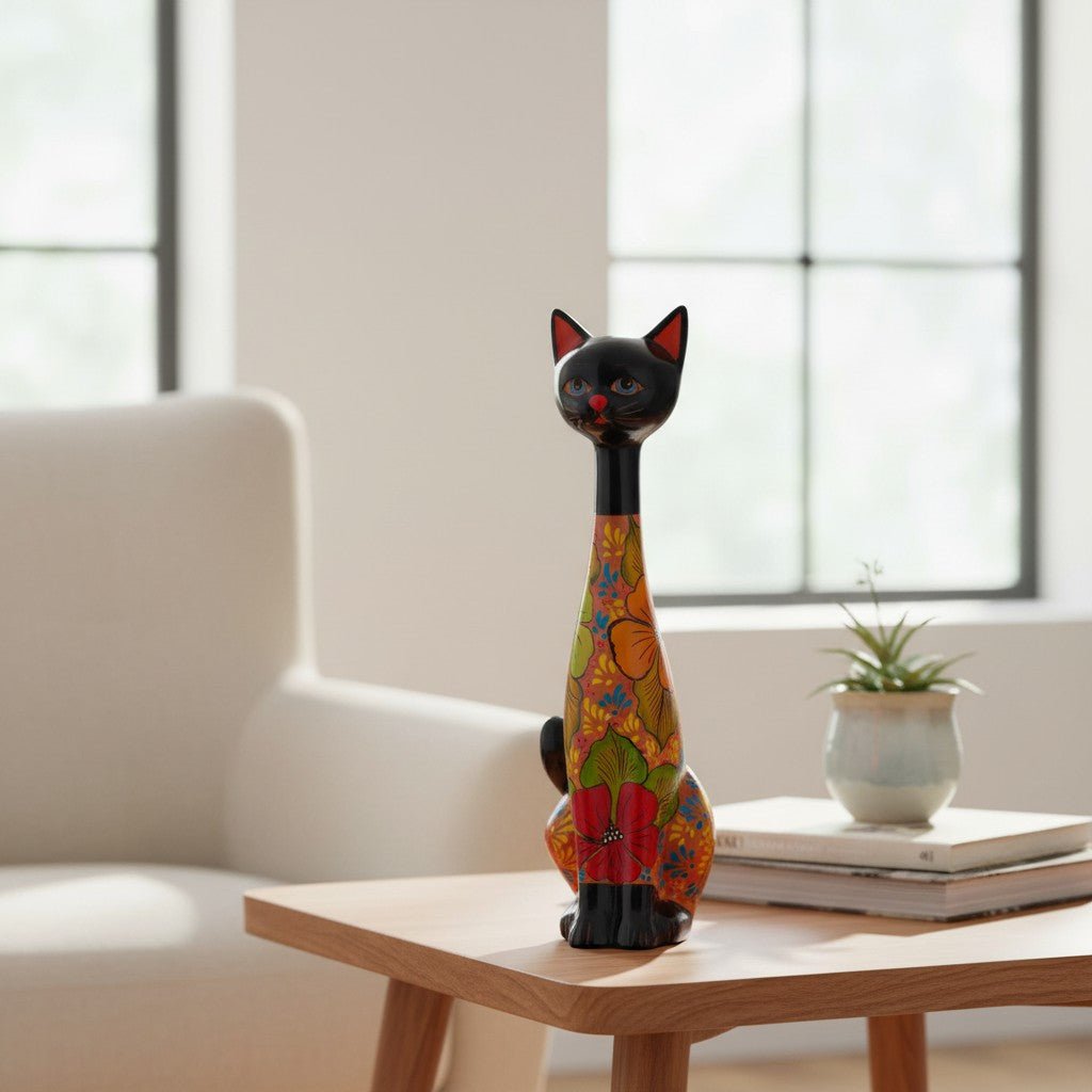 Tall Talavera Cat Statue | Floral Terracotta Design Talavera Statue La Vie Bien Tall Talavera Cat Statue | Floral Terracotta Design