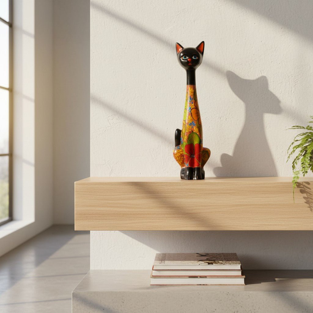 Tall Talavera Cat Statue | Floral Terracotta Design Talavera Statue La Vie Bien Tall Talavera Cat Statue | Floral Terracotta Design