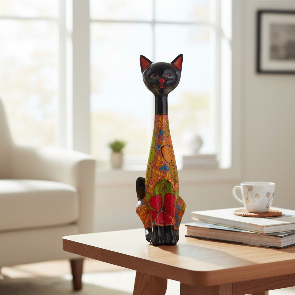 Tall Talavera Cat Statue | Floral Terracotta Design Talavera Statue La Vie Bien Tall Talavera Cat Statue | Floral Terracotta Design