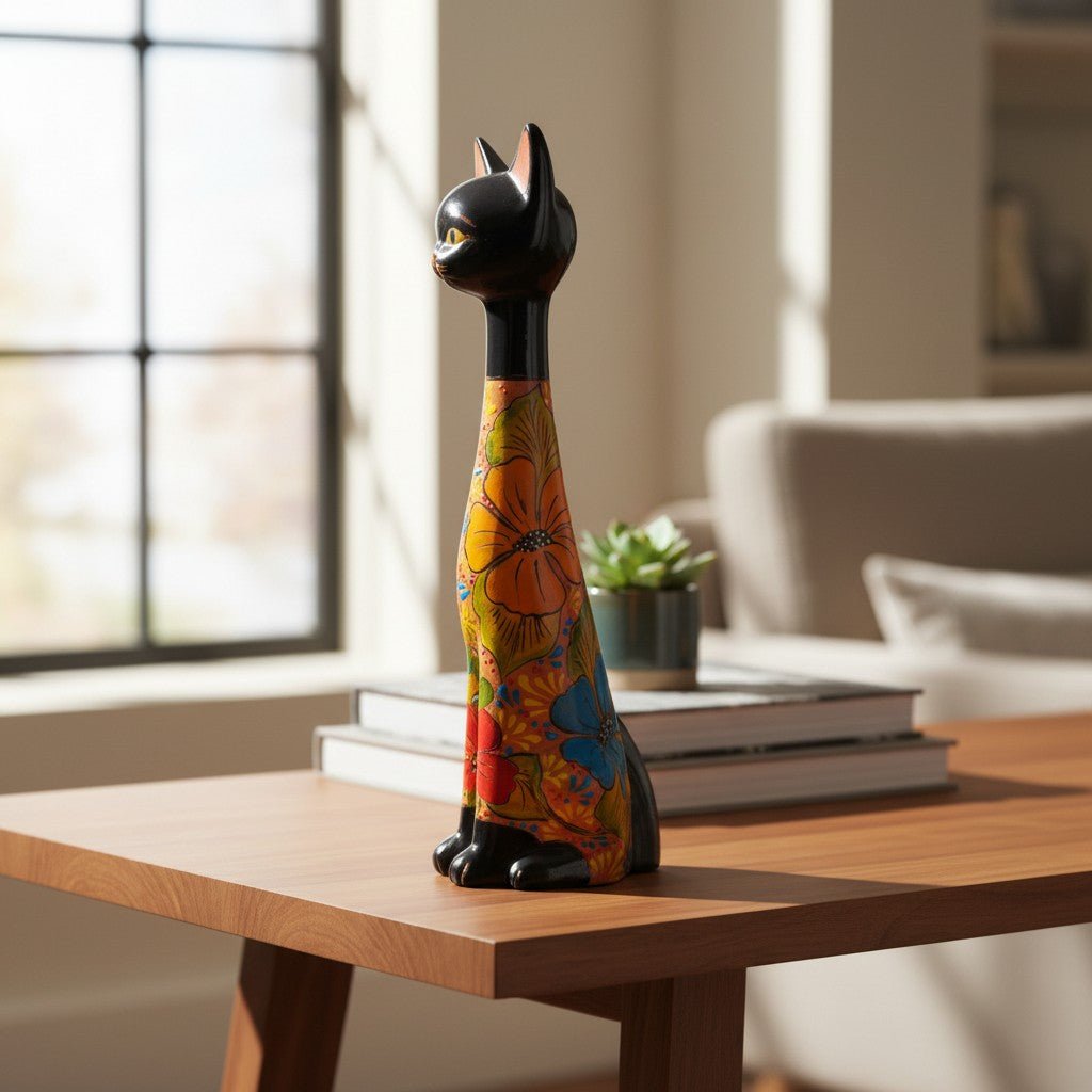 Tall Talavera Cat Statue | Floral Terracotta Design Talavera Statue La Vie Bien Tall Talavera Cat Statue | Floral Terracotta Design