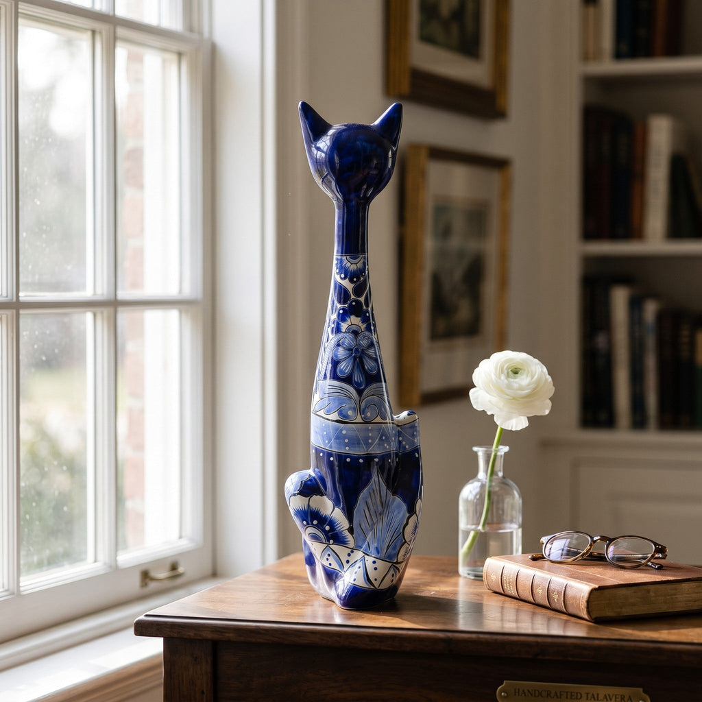 Tall Talavera Cat Statue | Handmade Blue & White Ceramic Figurine Talavera Statue La Vie Bien Tall Talavera Cat Statue | Handmade Blue & White Ceramic Figurine
