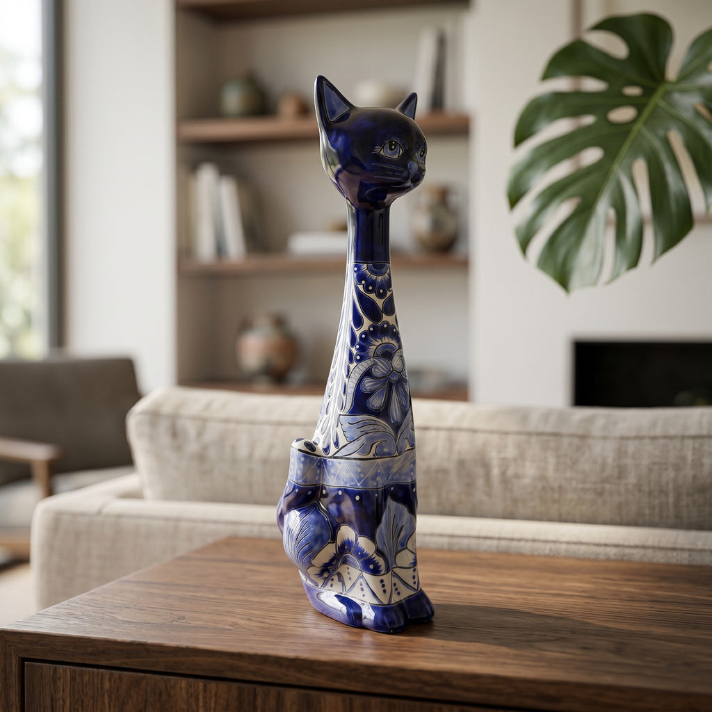 Tall Talavera Cat Statue | Handmade Blue & White Ceramic Figurine Talavera Statue La Vie Bien Tall Talavera Cat Statue | Handmade Blue & White Ceramic Figurine