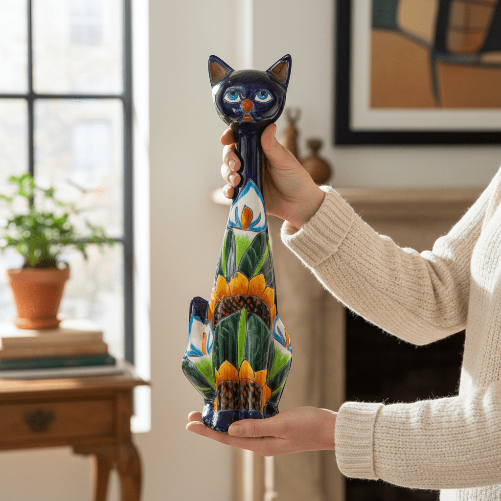 Tall Talavera Cat Statue | Handmade Mexican Sunflower Decor Talavera Statue La Vie Bien Tall Talavera Cat Statue | Handmade Mexican Sunflower Decor