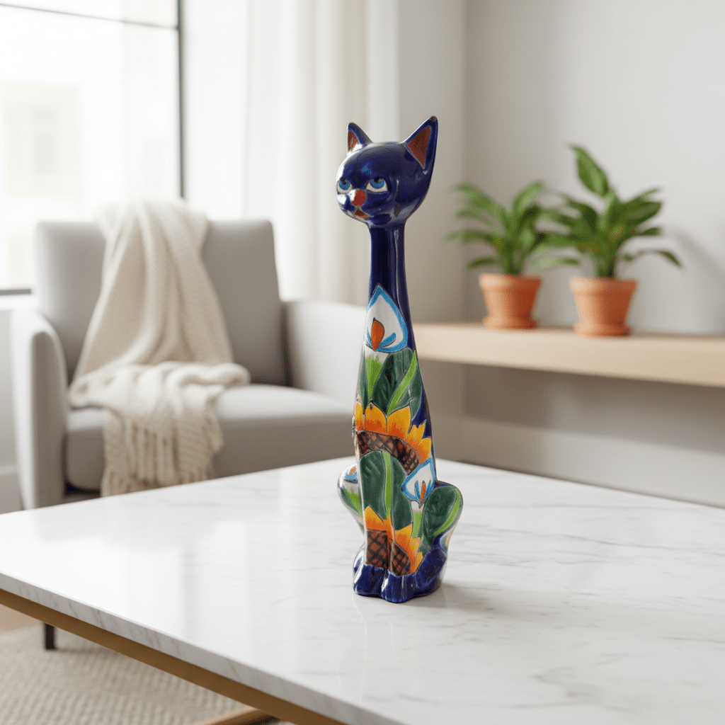 Tall Talavera Cat Statue | Handmade Mexican Sunflower Decor Talavera Statue La Vie Bien Tall Talavera Cat Statue | Handmade Mexican Sunflower Decor