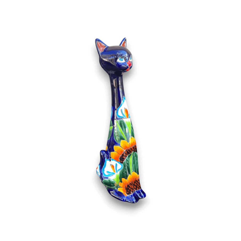 Tall Talavera Cat Statue | Handmade Mexican Sunflower Decor