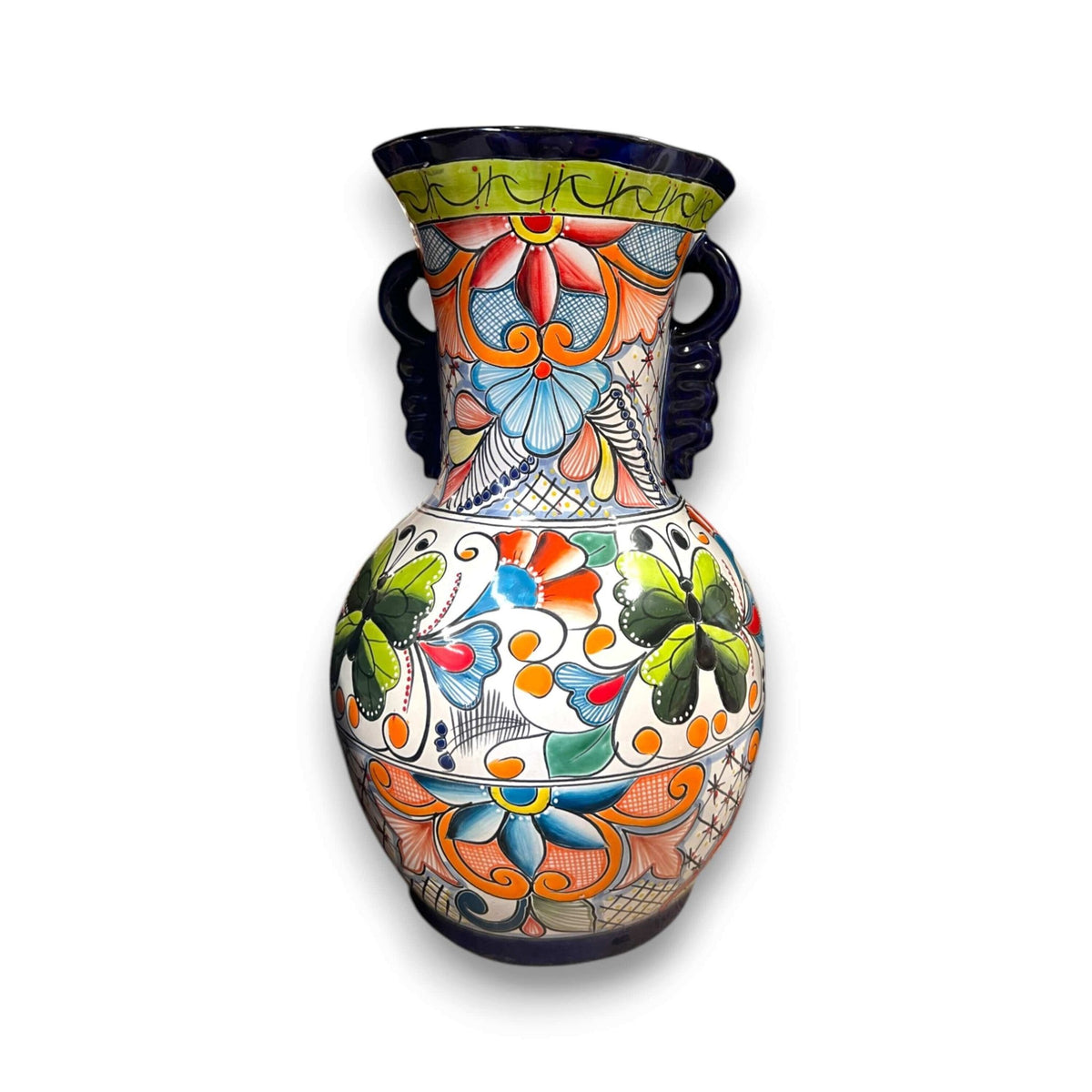 Tall Talavera Vase | Blue Rim Mexican Pottery Talavera Vase La Vie Bien Tall Talavera Vase | Blue Rim Mexican Pottery