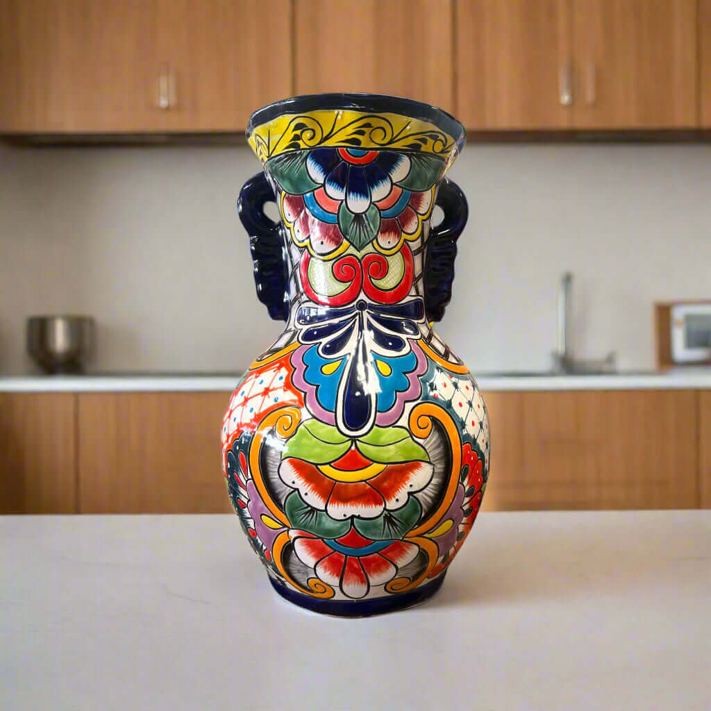 Tall Talavera Vase | Blue Rim Mexican Pottery Talavera Vase La Vie Bien Tall Talavera Vase | Blue Rim Mexican Pottery