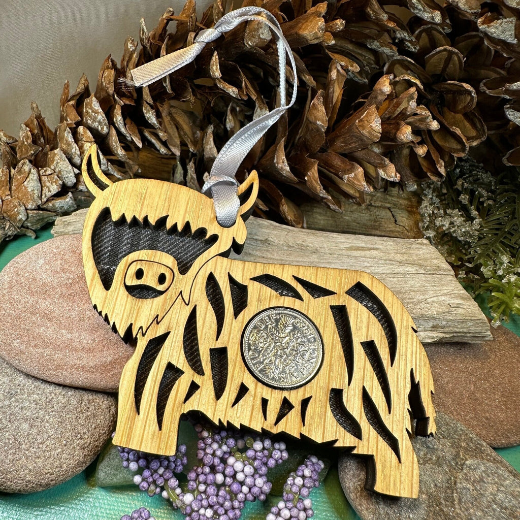 Tartan Highland Cow Lucky Sixpence Ornament Gifts La Vie Bien Tartan Highland Cow Lucky Sixpence Ornament