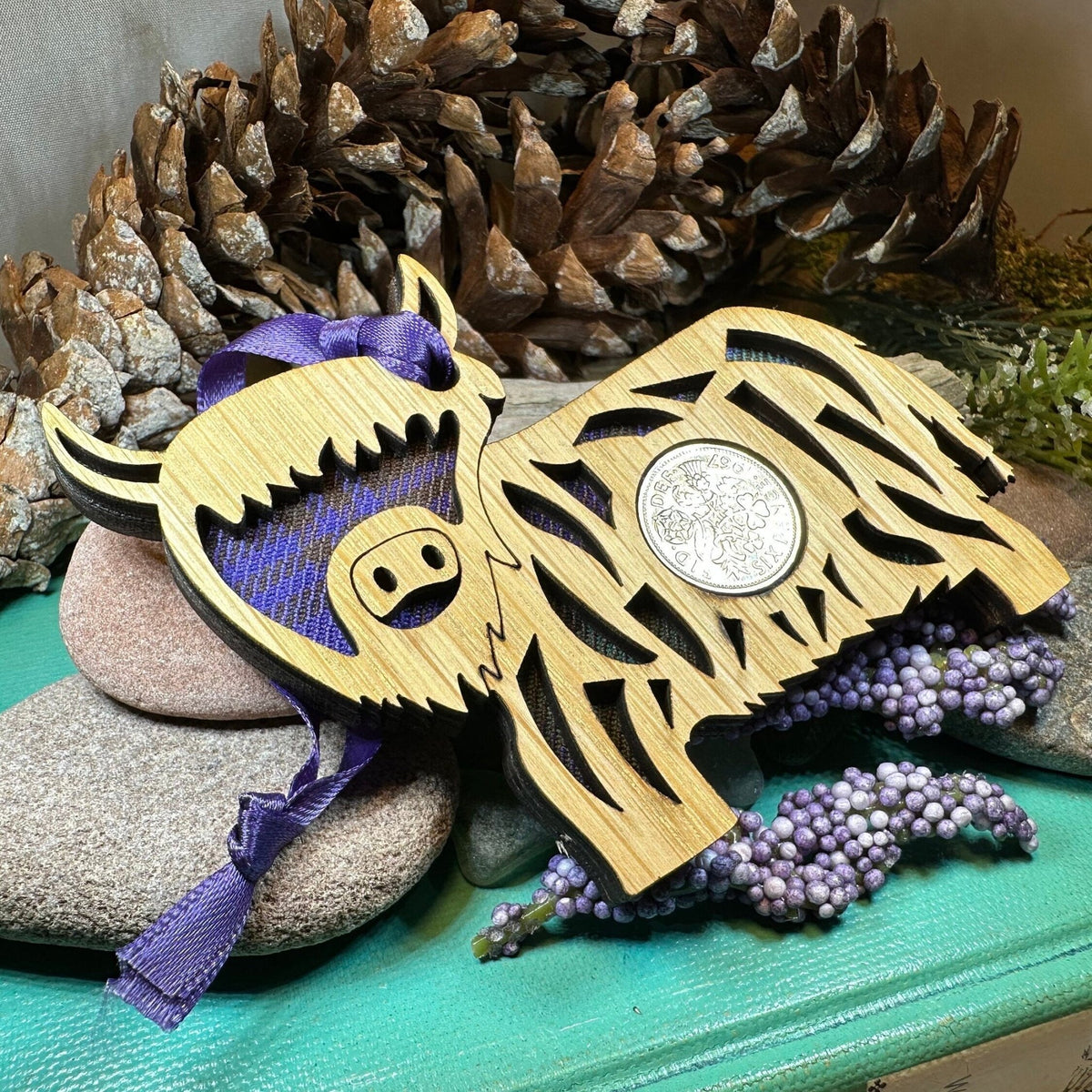 Tartan Highland Cow Lucky Sixpence Ornament Gifts La Vie Bien Tartan Highland Cow Lucky Sixpence Ornament