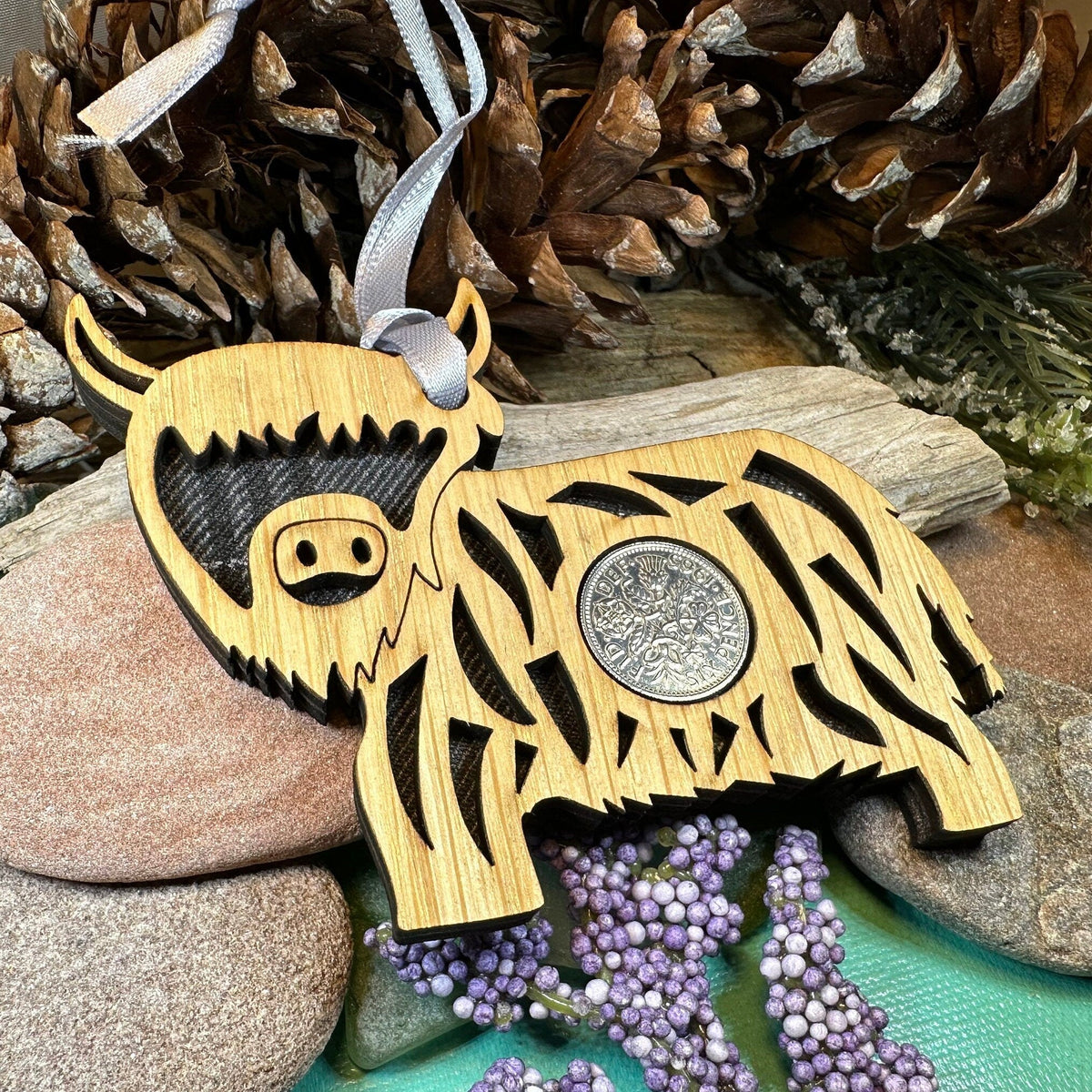 Tartan Highland Cow Lucky Sixpence Ornament Gifts La Vie Bien Tartan Highland Cow Lucky Sixpence Ornament