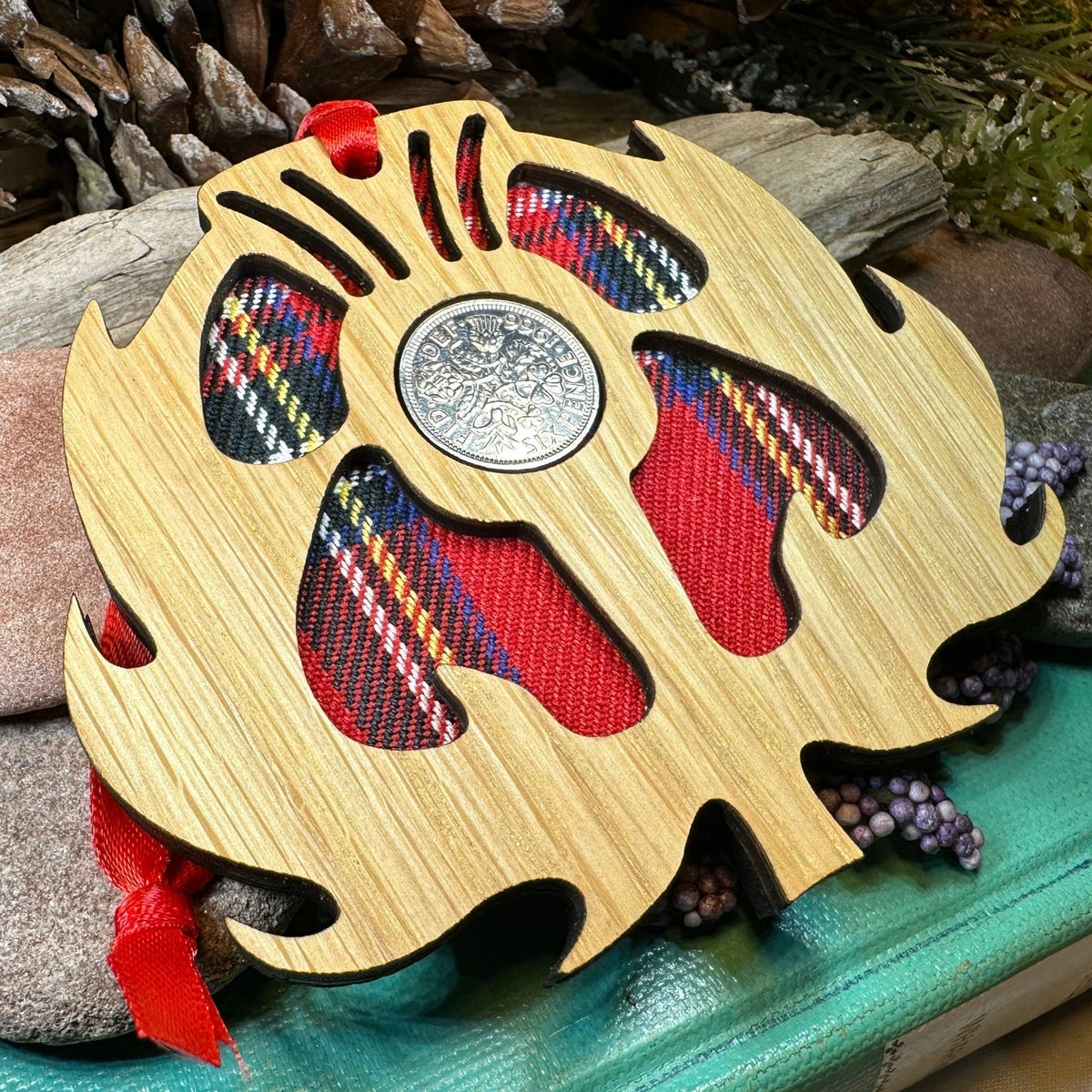 Tartan Thistle Ornament with Lucky Sixpence Gifts La Vie Bien Tartan Thistle Ornament with Lucky Sixpence
