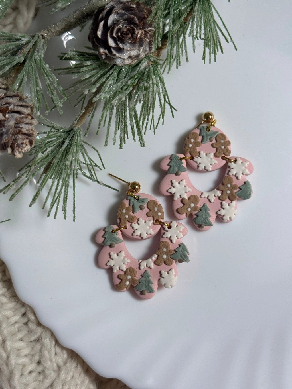 Taylor earrings in Pink Christmas, 14k gold plated nickel free, handmade with polymer clay