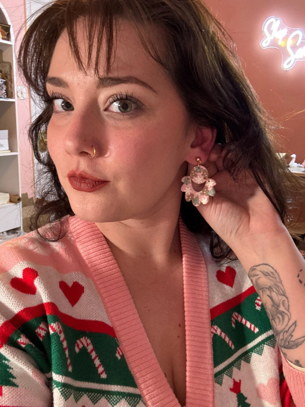 Taylor earrings in Pink Christmas, 14k gold plated nickel free, handmade with polymer clay