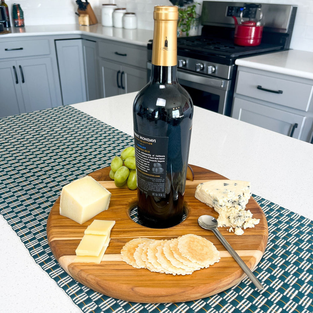 Teak Serving Board with Wine/Bowl Cutout Siggy La Vie Bien Teak Serving Board with Wine/Bowl Cutout