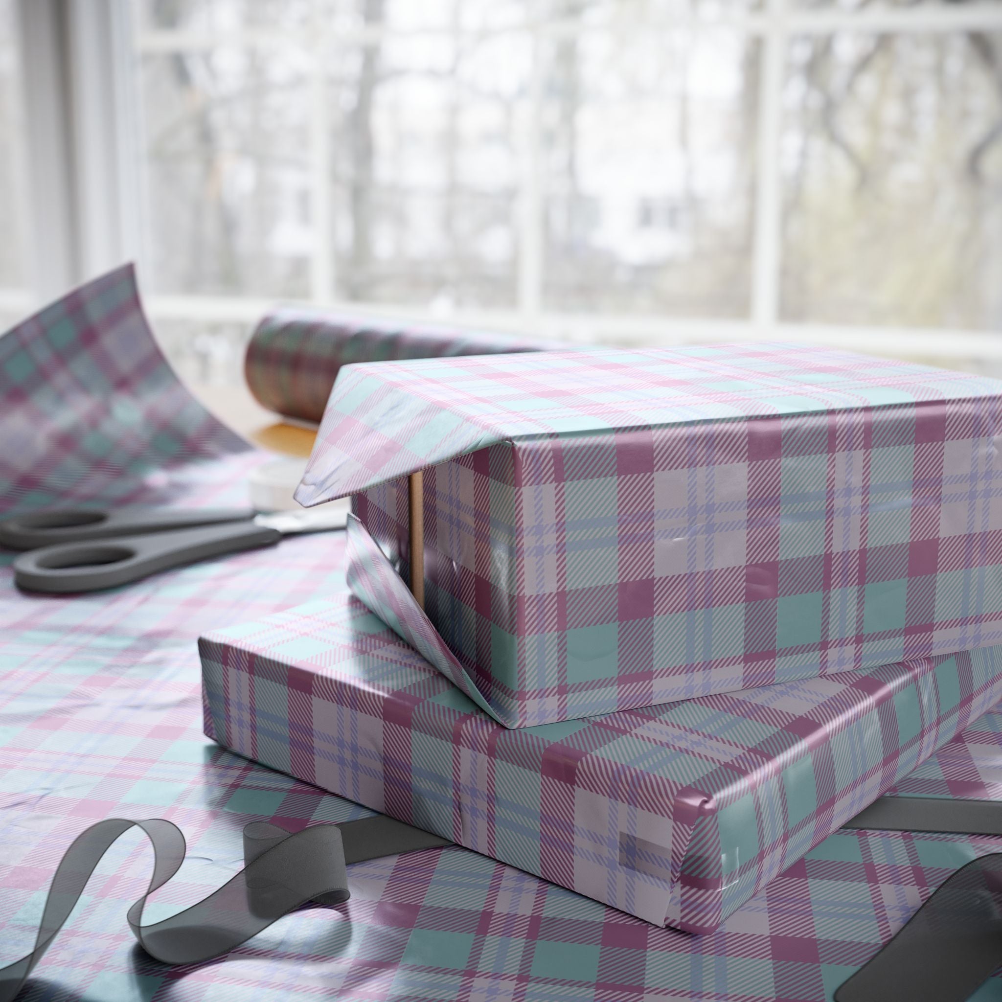 Teal and Purple Plaid Gift Wrap Roll for Birthdays, Holidays, and Special Occasions, Christmas Gift Wrap, Gift Packaging