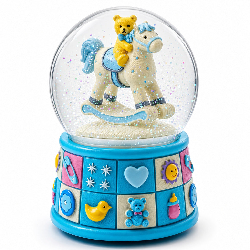 Teddy Bear on Rocking Horse Baby Boy Musical Water Snow Globe Snow Globes > Baby La Vie Bien Teddy Bear on Rocking Horse Baby Boy Musical Water Snow Globe