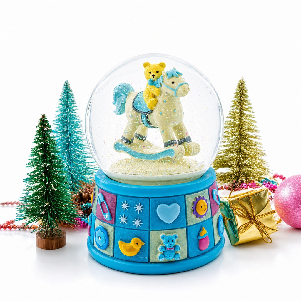 Teddy Bear on Rocking Horse Baby Boy Musical Water Snow Globe Snow Globes > Baby La Vie Bien Teddy Bear on Rocking Horse Baby Boy Musical Water Snow Globe