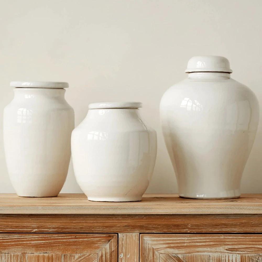Terracotta Cachepot Jar in White Glaze, Tall by White Cliff Studio