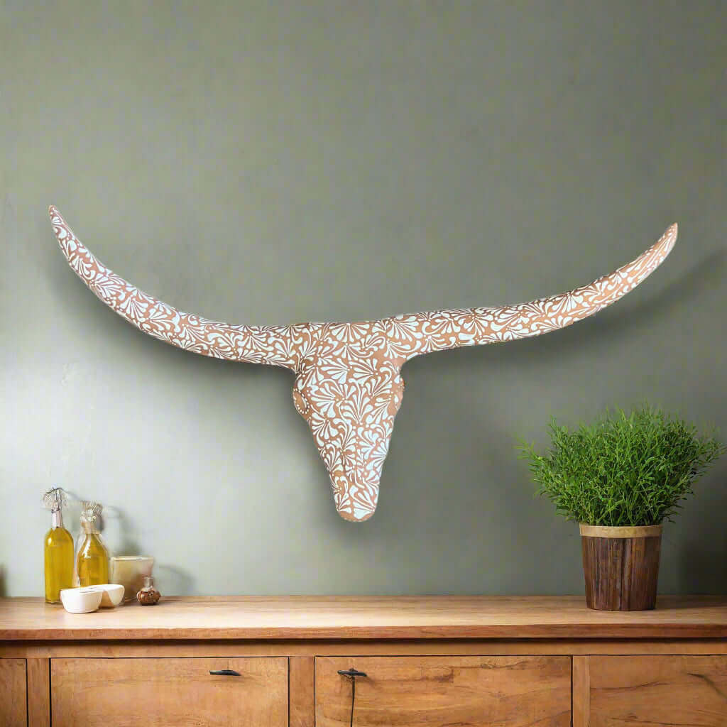 Terracotta Longhorn Wall Art | Hand - Painted Mexican Bull Skull Talavera Wall Art La Vie Bien Terracotta Longhorn Wall Art | Hand - Painted Mexican Bull Skull