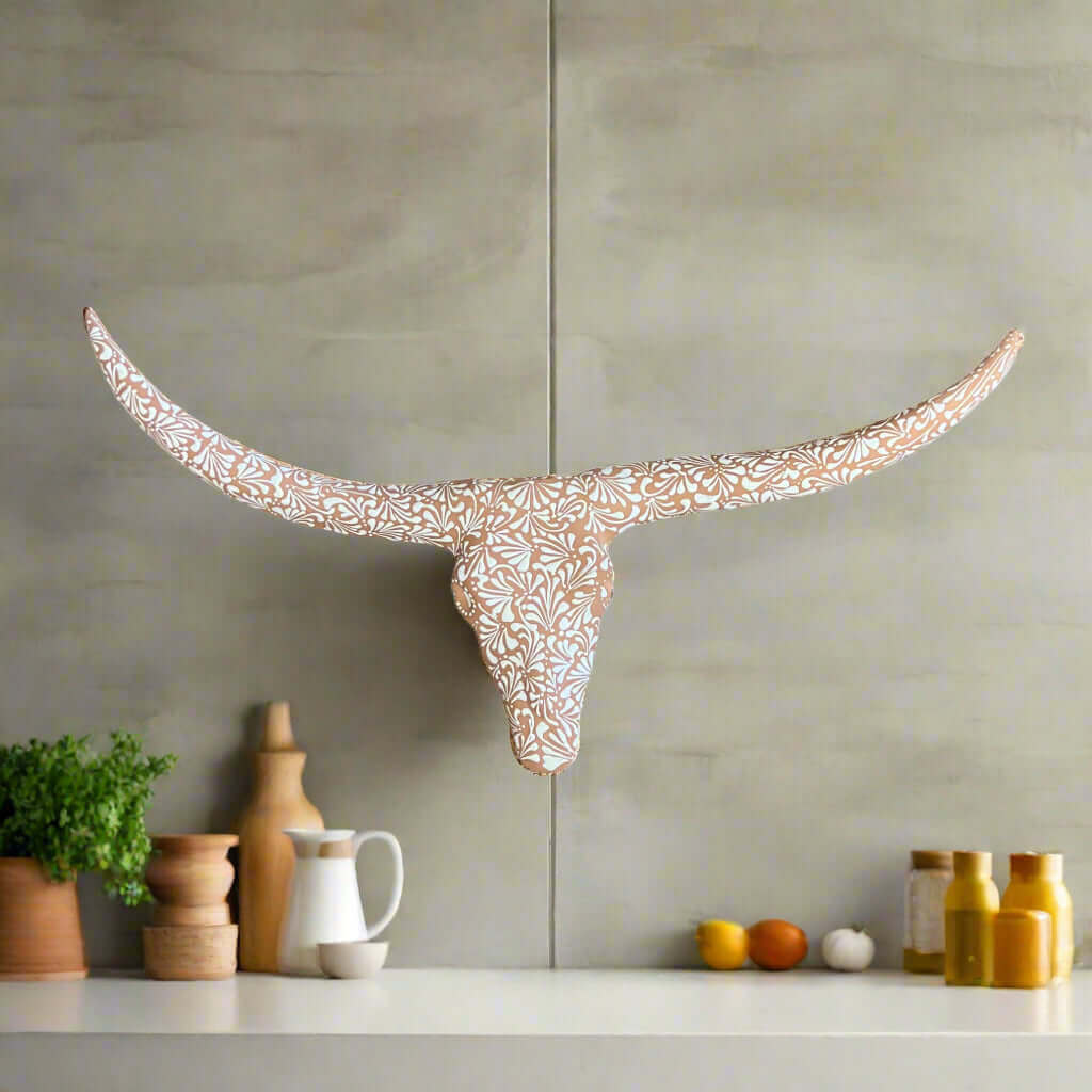 Terracotta Longhorn Wall Art | Hand - Painted Mexican Bull Skull Talavera Wall Art La Vie Bien Terracotta Longhorn Wall Art | Hand - Painted Mexican Bull Skull