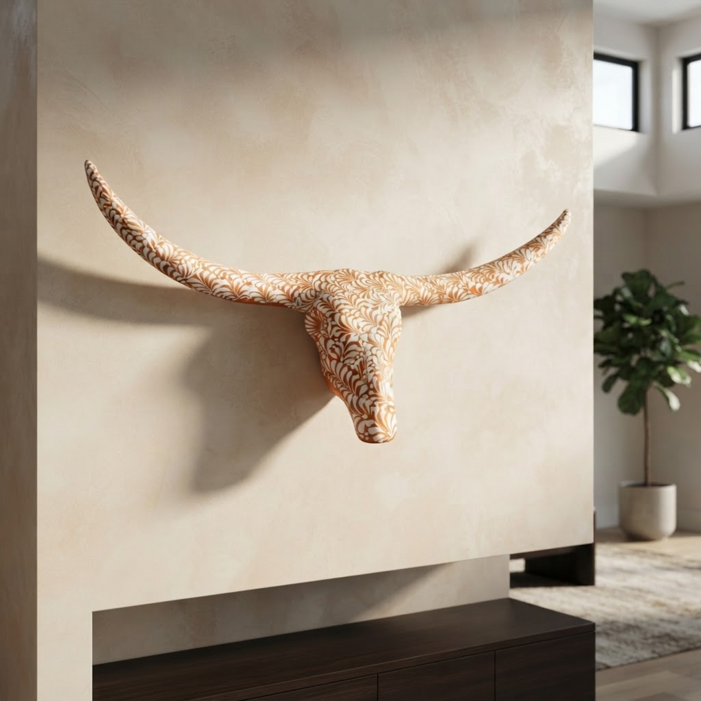 Terracotta Longhorn Wall Art | Hand-Painted Mexican Bull Skull