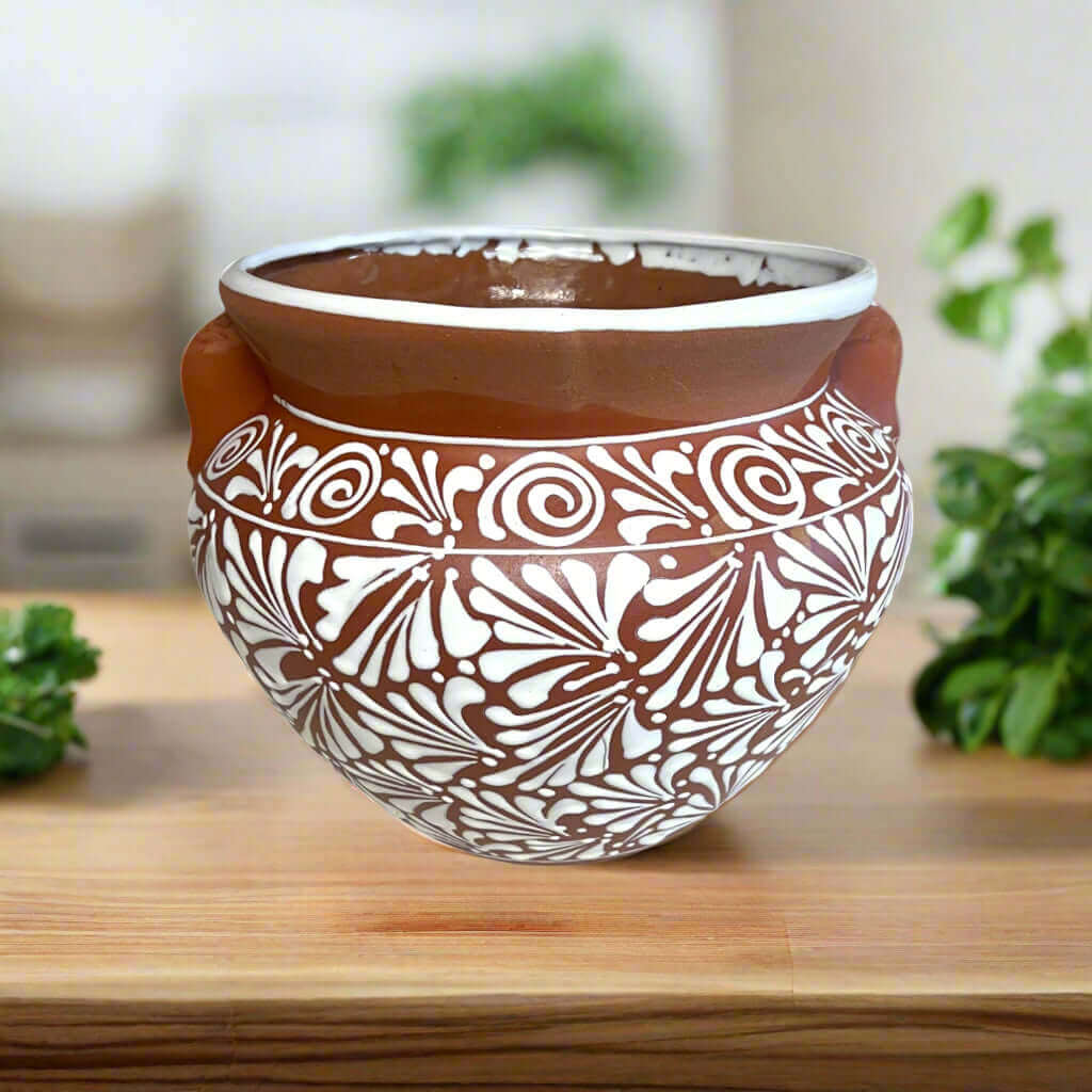 Terracotta Talavera Flower Pot | Brown & White Mexican Planter Talavera Flower Pot La Vie Bien Terracotta Talavera Flower Pot | Brown & White Mexican Planter