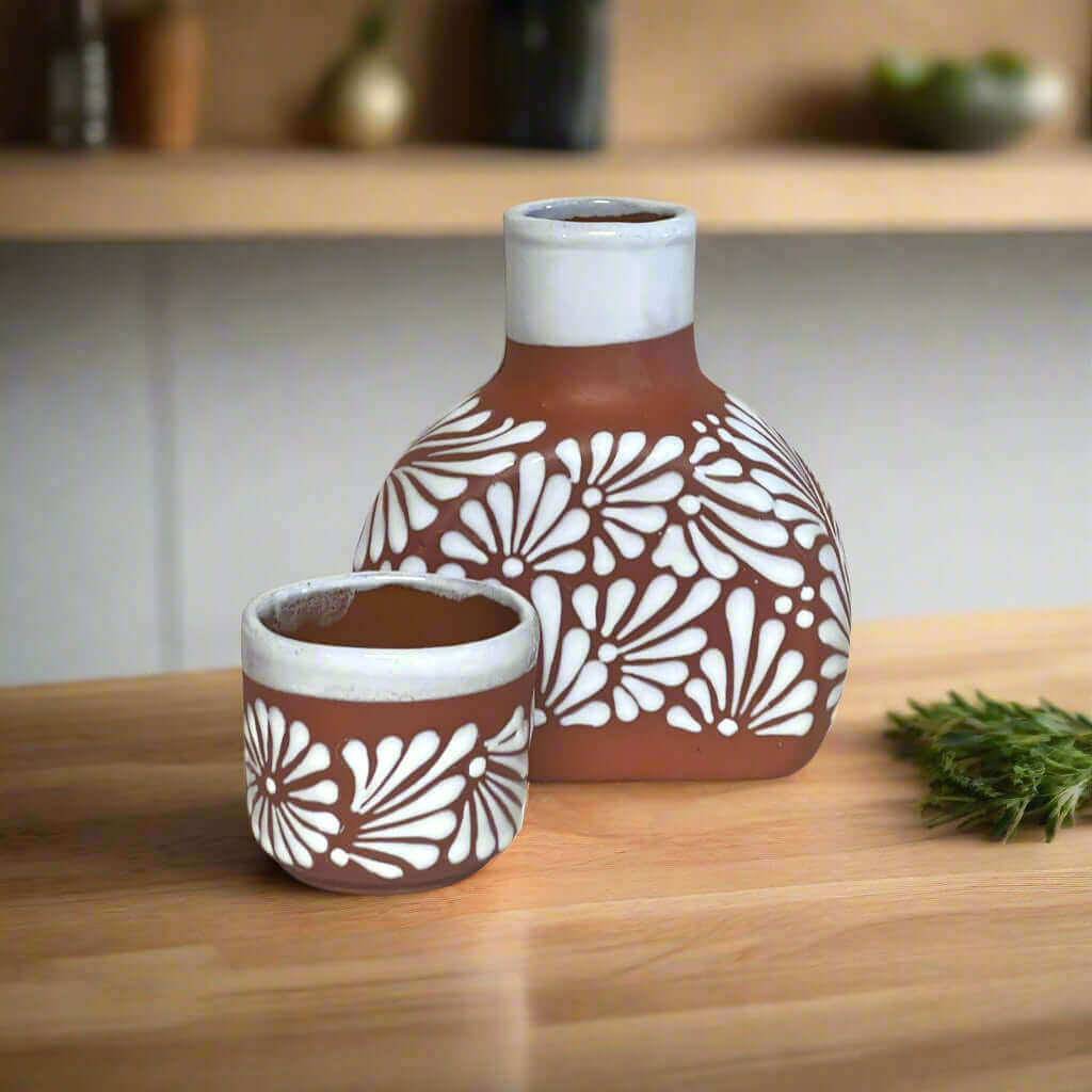 Terracotta Water Carafe Set | Hand - Painted Talavera - Style Bedside Decanter Mexican Decanter La Vie Bien Terracotta Water Carafe Set | Hand - Painted Talavera - Style Bedside Decanter