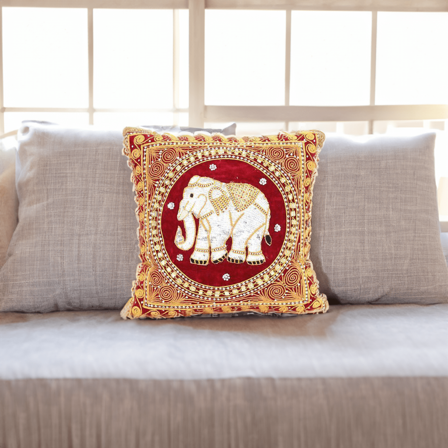 Thai Elephant Embroidered Pillow Cover - Thailand Decor La Vie Bien Thai Elephant Embroidered Pillow Cover - Thailand