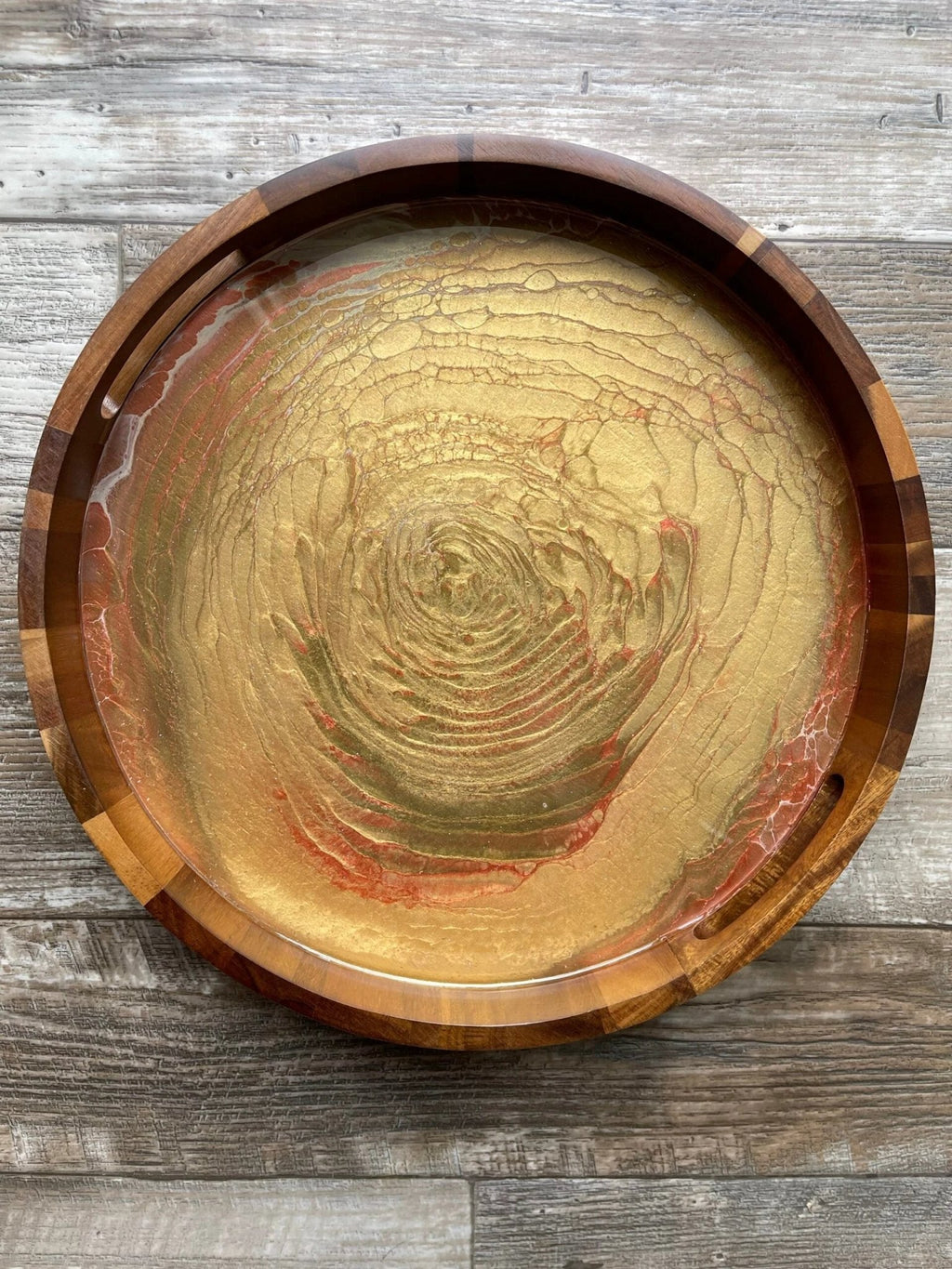 "The Audition Collection" Warm Metallic Neutrals Medium Round Acacia Wood Tray by Bespattered Facade