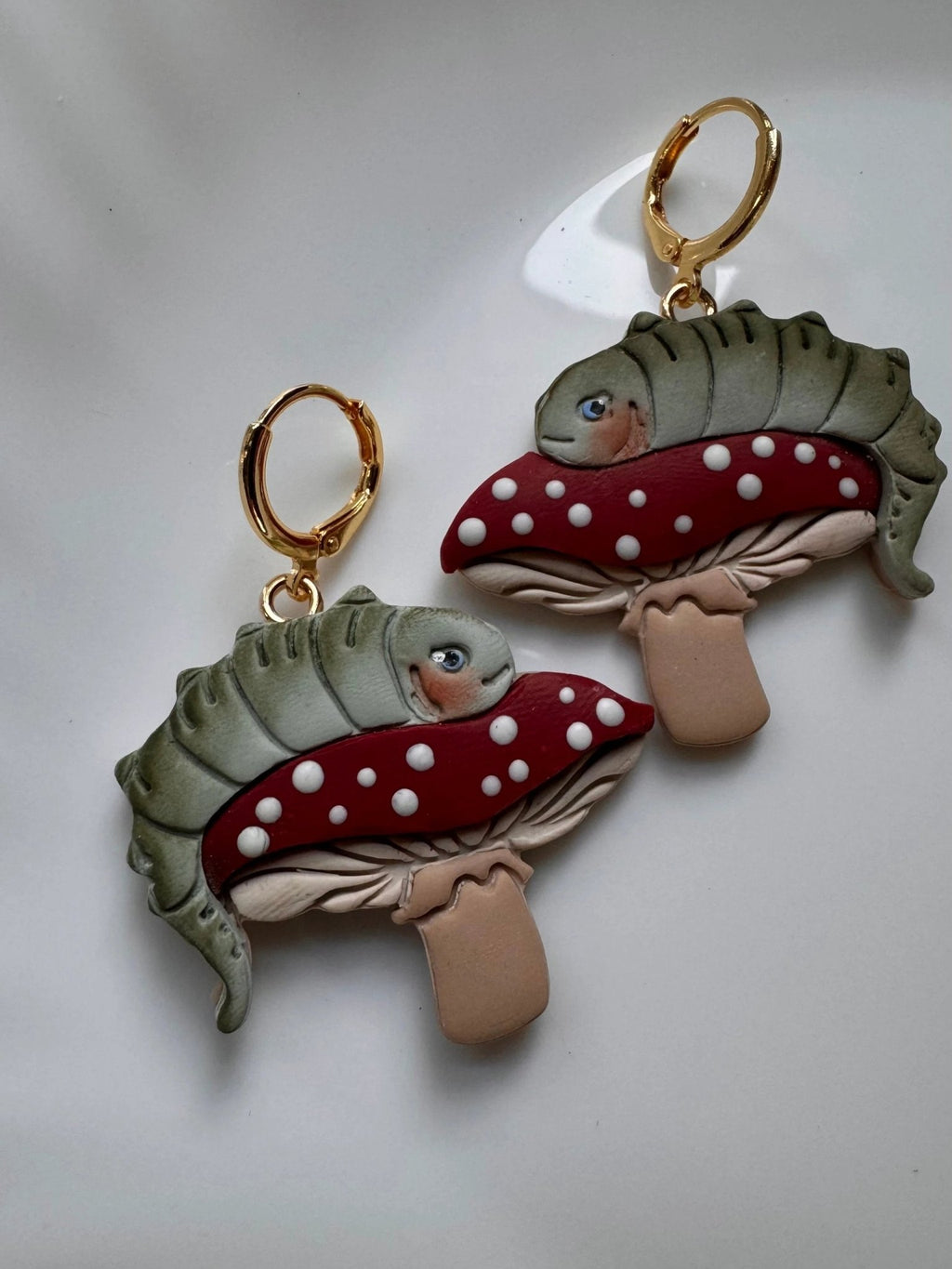 The Caterpillar earrings, 14k gold plated nickel free, handmade with polymer clay