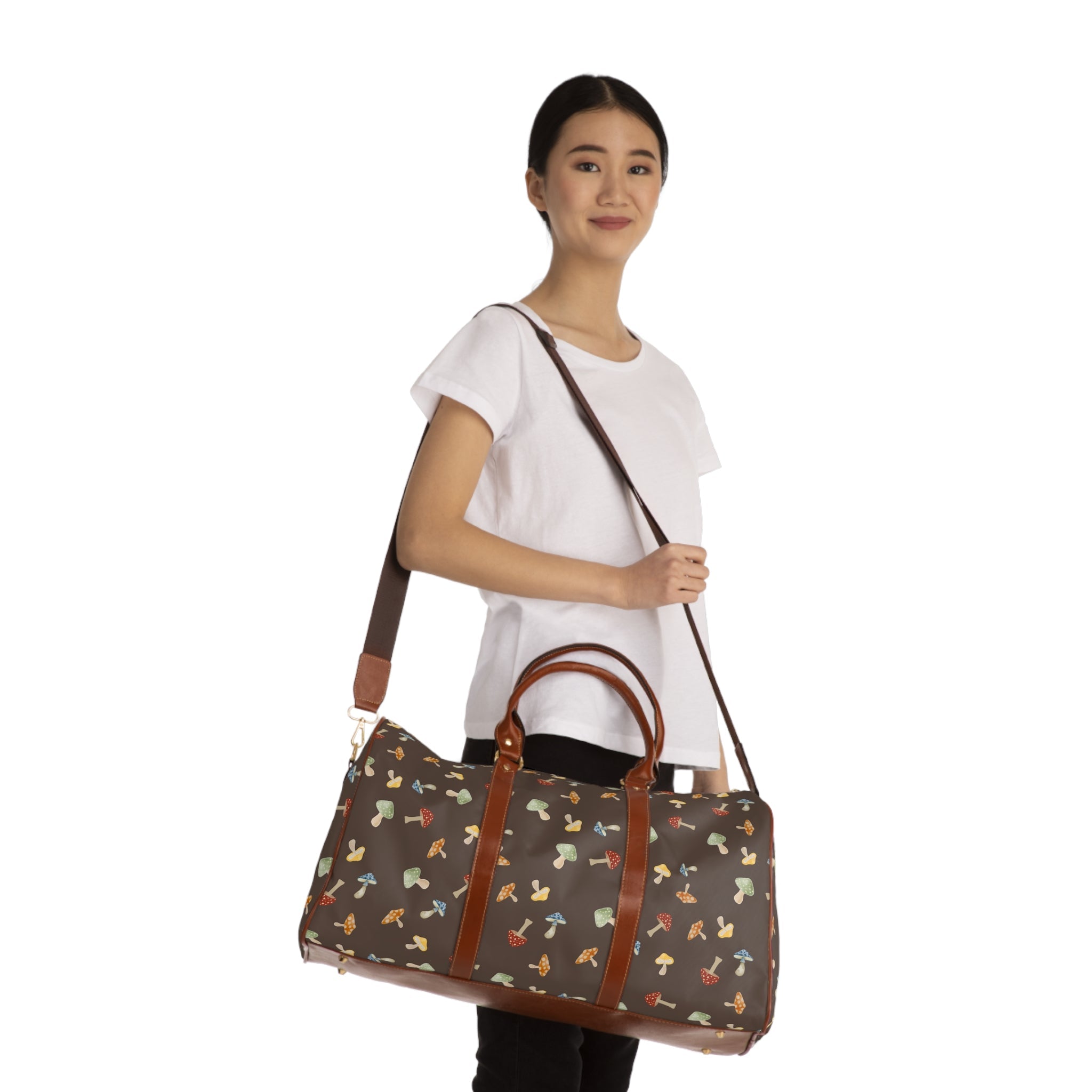 The shroomy bag - Mushroom Print Waterproof Travel Bag Duffle for Camping & Weekend Getaways, PU Leather Bags La Vie Bien The shroomy bag - Mushroom Print Waterproof Travel Bag Duffle for Camping & Weekend Getaways, PU Leather