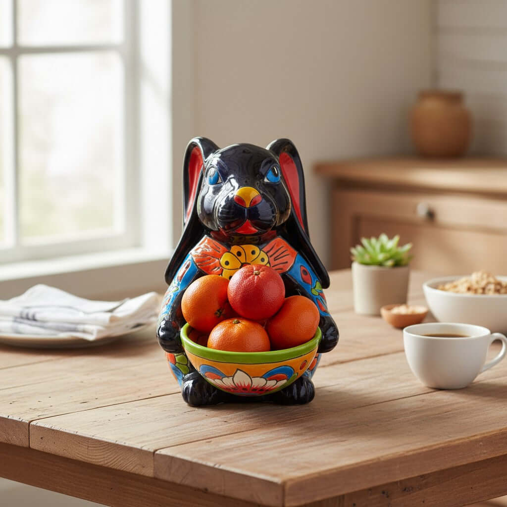 Vibrant Handcrafted Talavera Bunny Statue | Mexican Folk Art Feeder