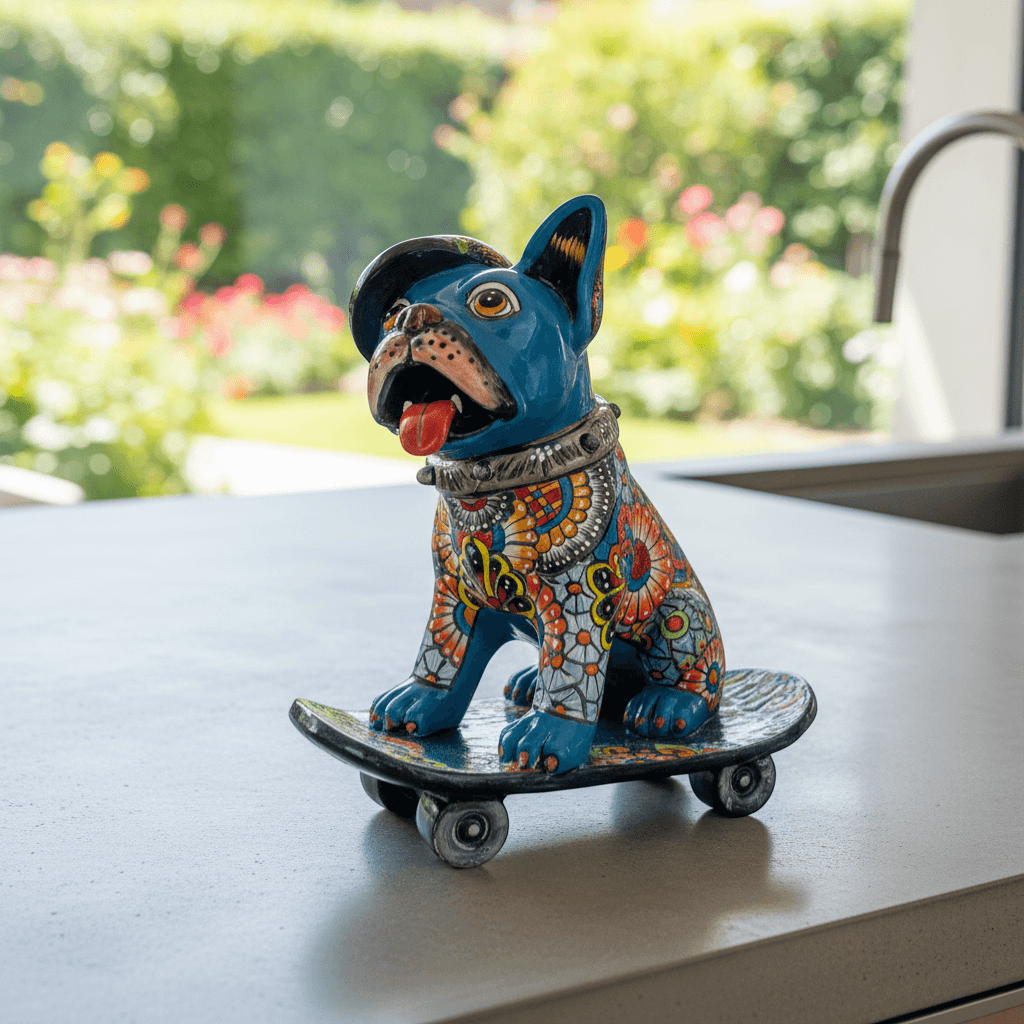 Talavera Frenchie Statue | Colorful Skateboarding Bulldog Art