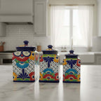 Blue Rim Talavera Canister Set | Multicolor Mexican Pottery Jars