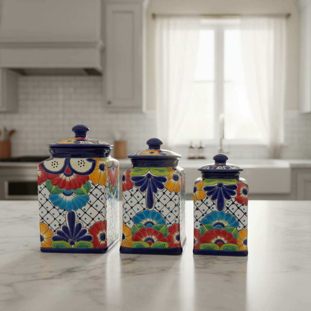 Blue Rim Talavera Canister Set | Multicolor Mexican Pottery Jars