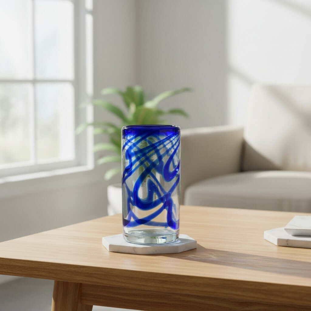 Hand-Blown Mexican Drinking Glass | Blue Swirl Design