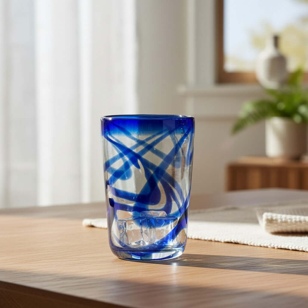 Blue Swirl Hand-Blown Glass | Mexican Drinking Tumbler