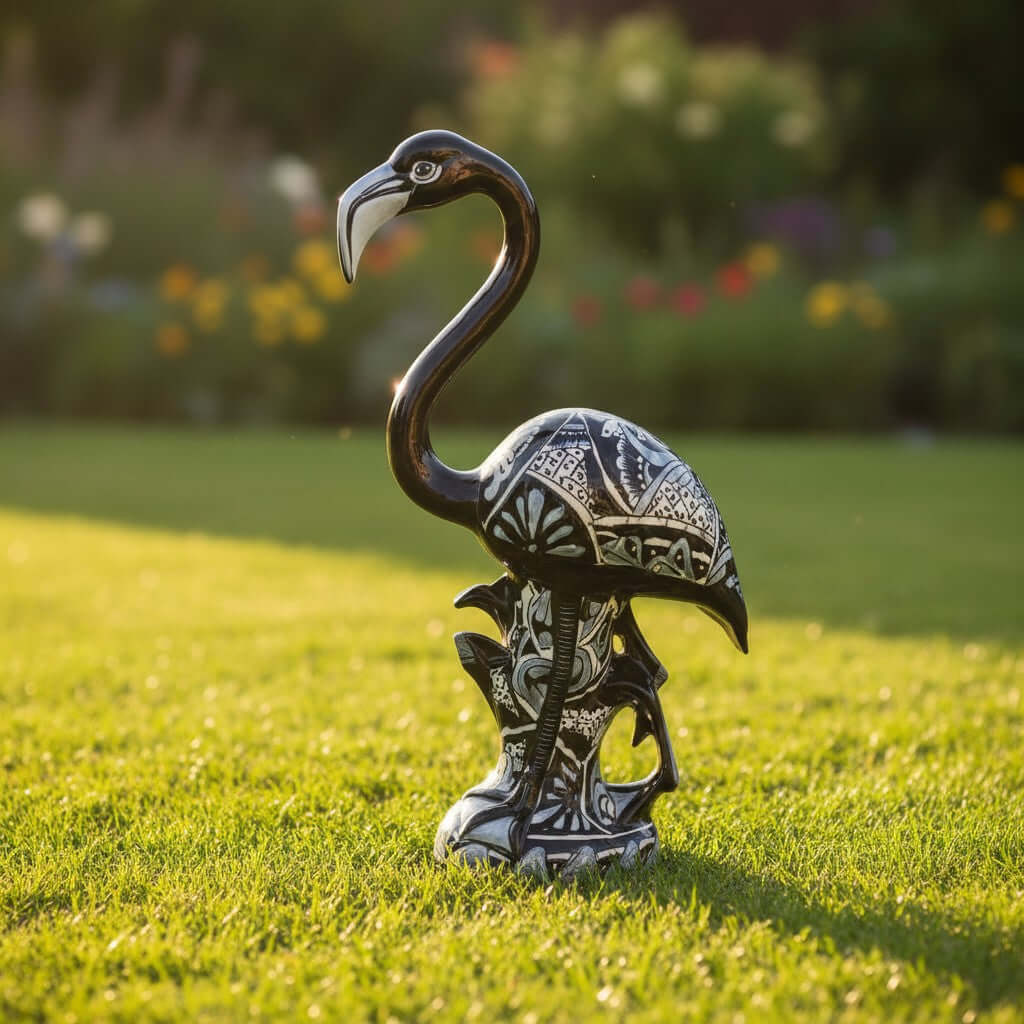 Blue & White Talavera Flamingo Statue | Hand-Painted Bird Pottery