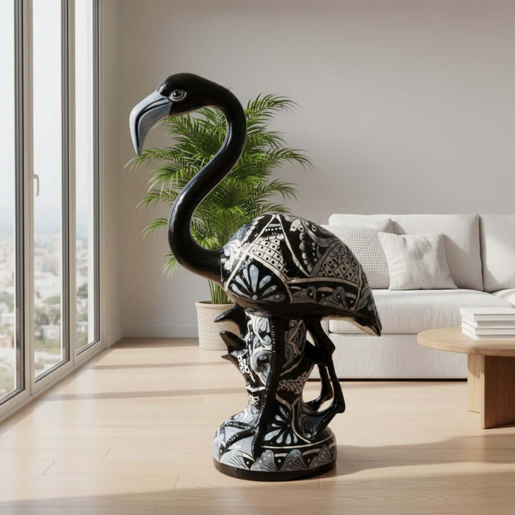 Blue & White Talavera Flamingo Statue | Hand-Painted Bird Pottery