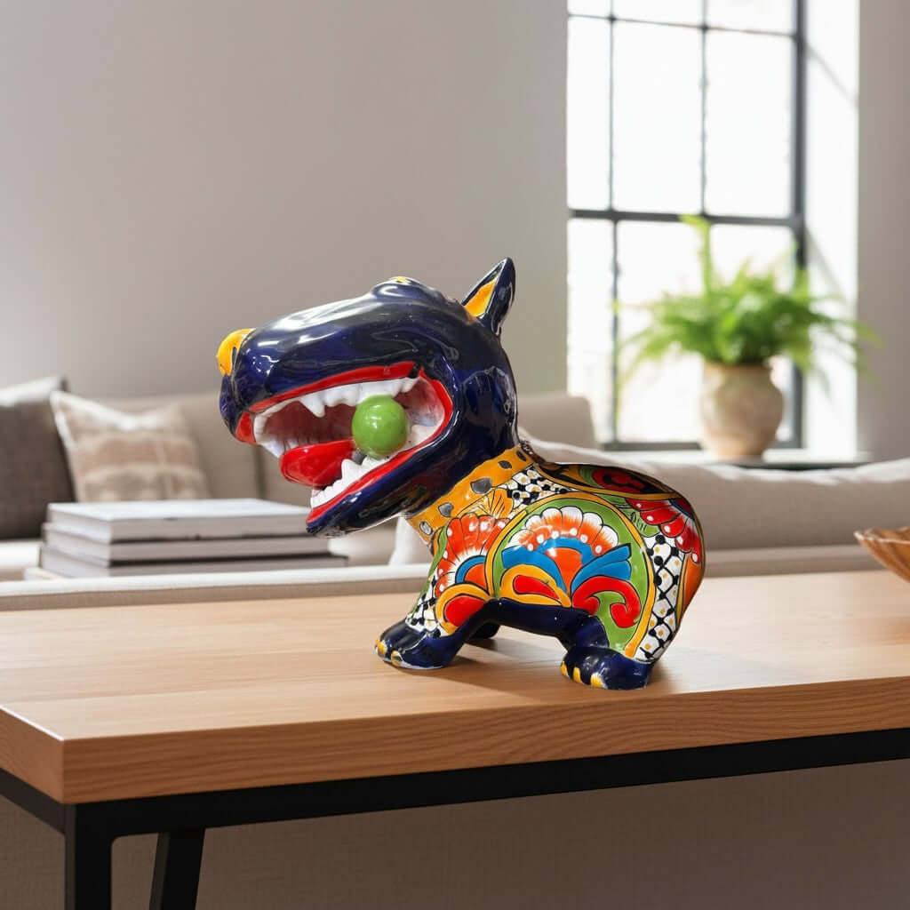Talavera Bull Terrier Decor | Hand-painted Ceramic Dog with Bone (Extra Large)