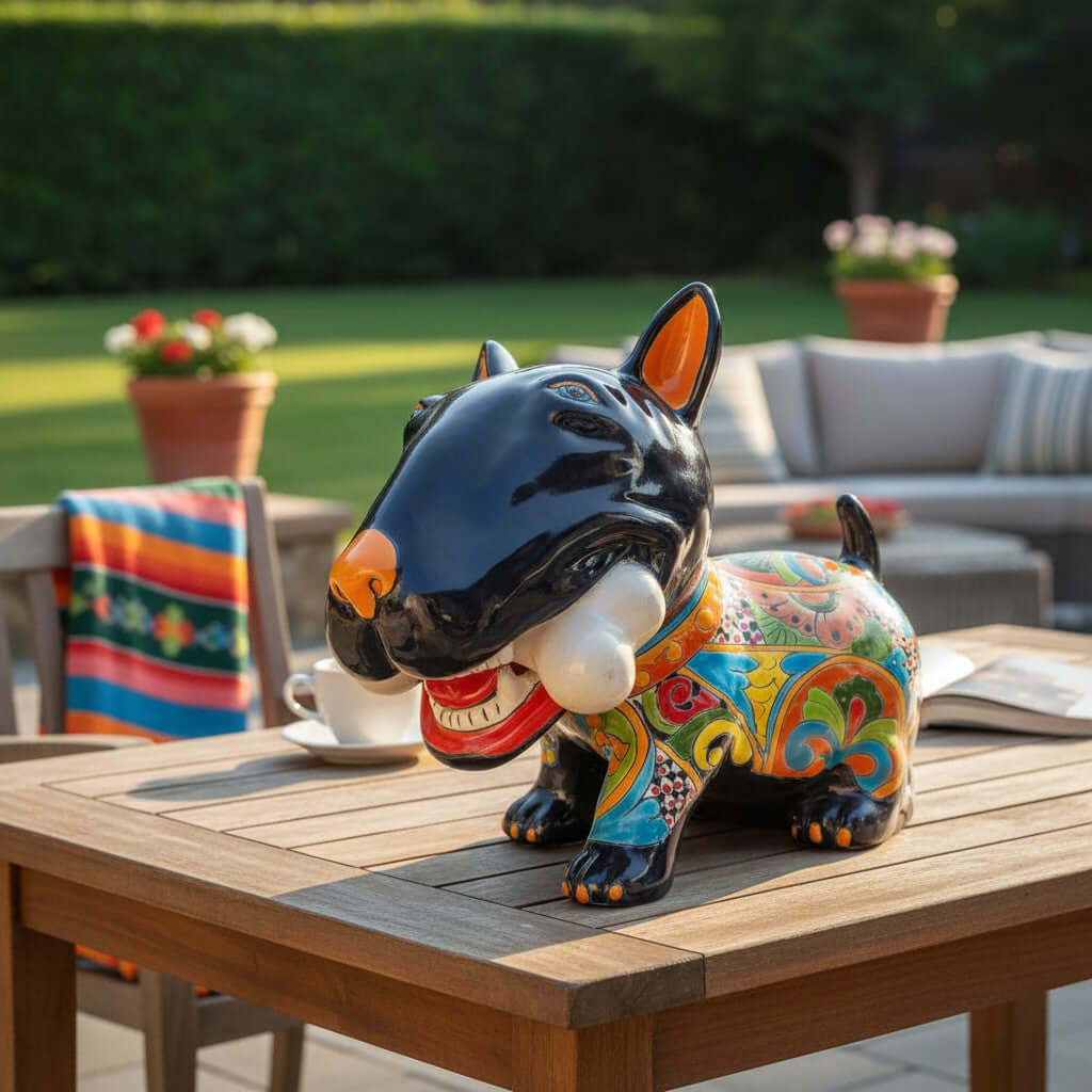 Talavera Bull Terrier Decor | Hand-painted Ceramic Dog with Bone (Extra Large)