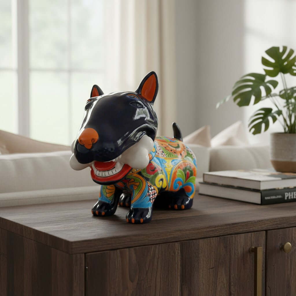 Talavera Bull Terrier Decor | Hand-painted Ceramic Dog with Bone (Extra Large)