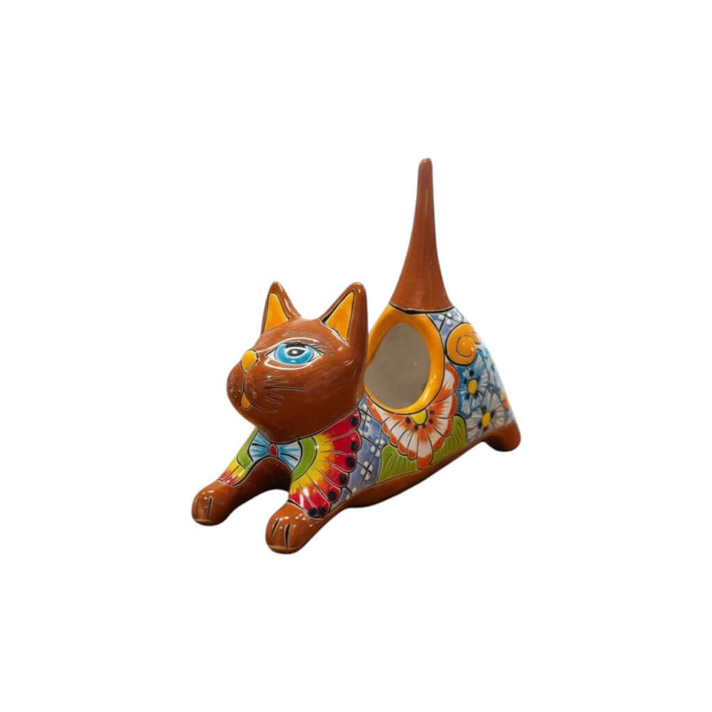 Talavera Cat Planter | Colorful Handcrafted Stretching Animal Pot
